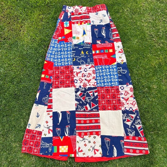 Vintage 50s 60s Patchwork Nautical High Waist Maxi Skirt Patriotic Sailing Sm - Picture 3 of 16